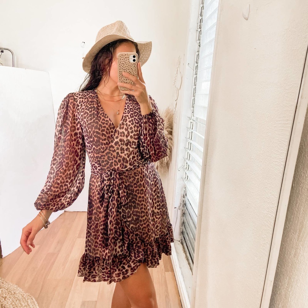 Ganni Animal Print Mesh Mini Wrap Dress Size Small 36 - Picture 7 of 15